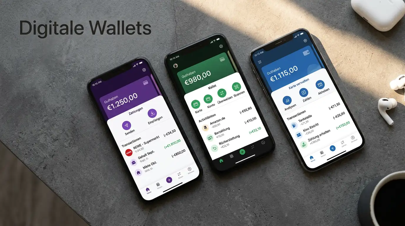 Mehrere Smartphones mit verschiedenen Zahlungs-Apps auf einem Tisch