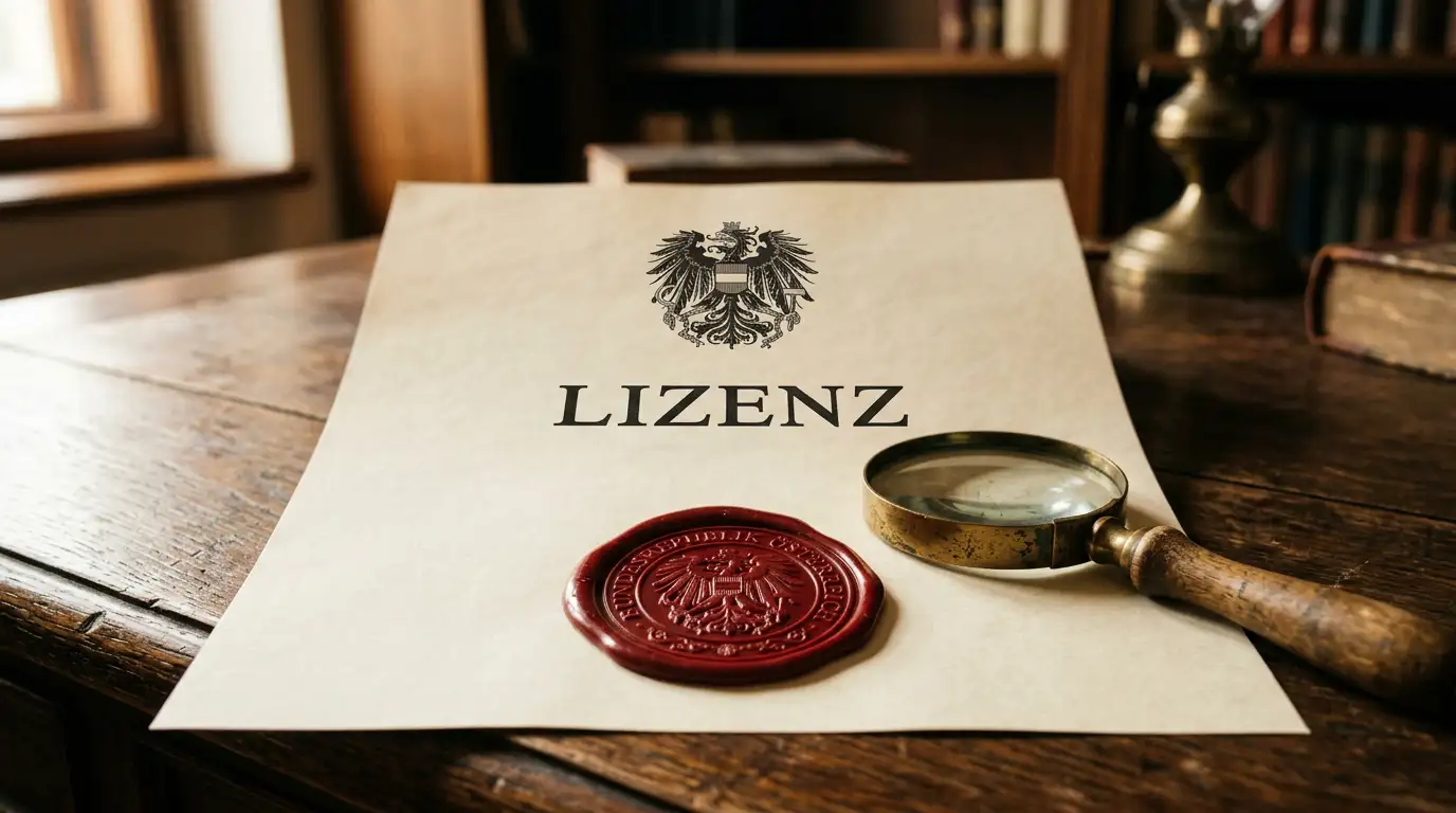 Österreichisches Wappen neben einem Dokument mit Lizenzsymbol