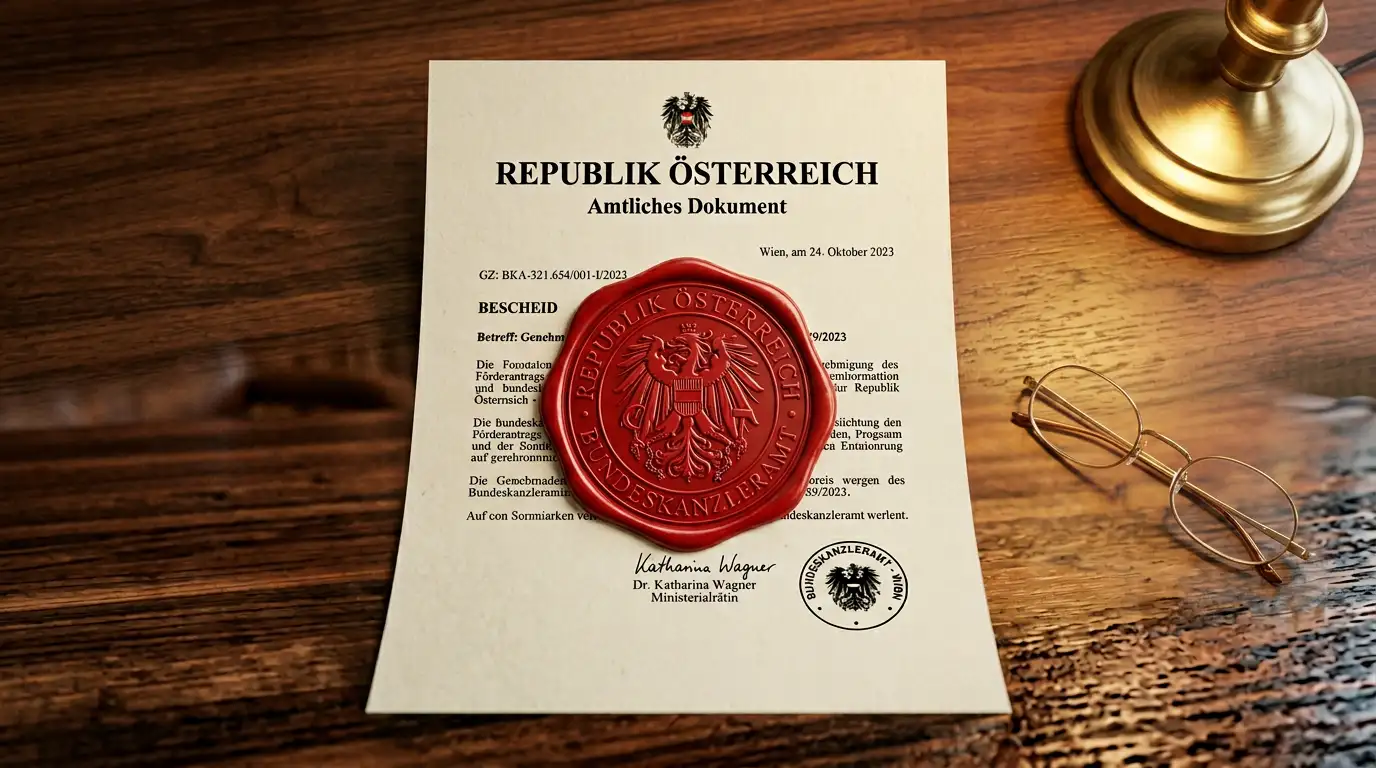 Österreichisches Wappen auf einem offiziellen Dokument neben einem Laptop auf einem Schreibtisch