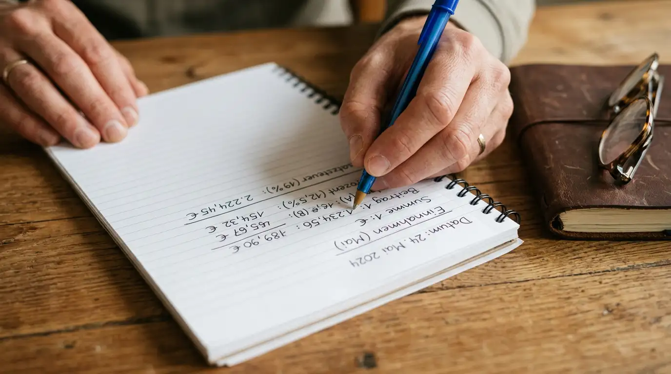 Nahaufnahme eines Taschenrechners neben handschriftlichen Notizen mit Prozentzeichen und Euro-Symbolen auf einem Holzschreibtisch
