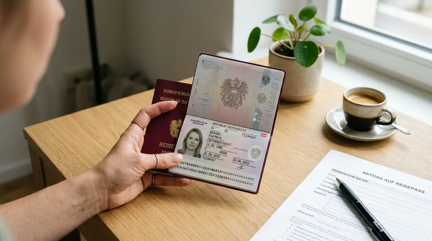 Hand hält ein Smartphone mit einem Registrierungsformular vor einem Schreibtisch