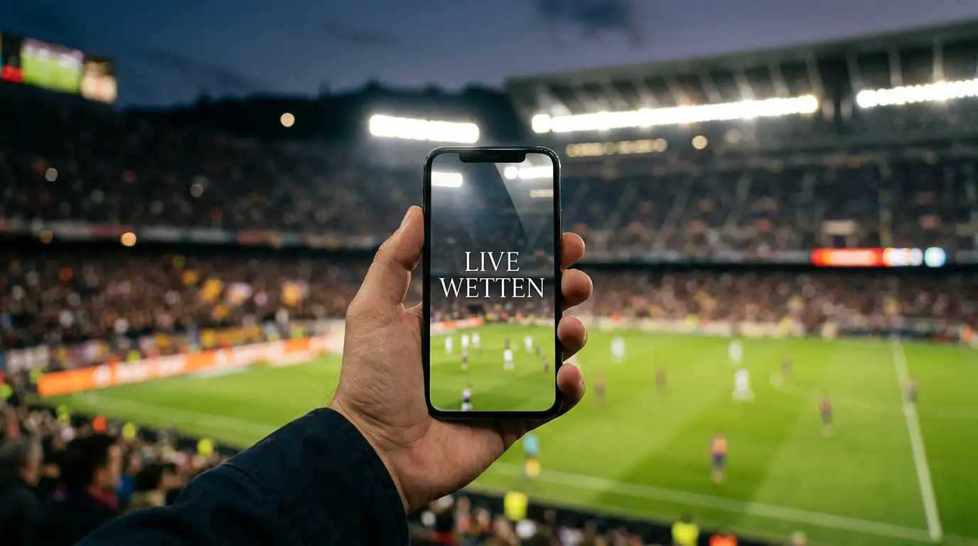 Hand hält ein Smartphone mit einer geöffneten Sportwetten-App in einem Fußballstadion mit unscharfem Rasen im Hintergrund