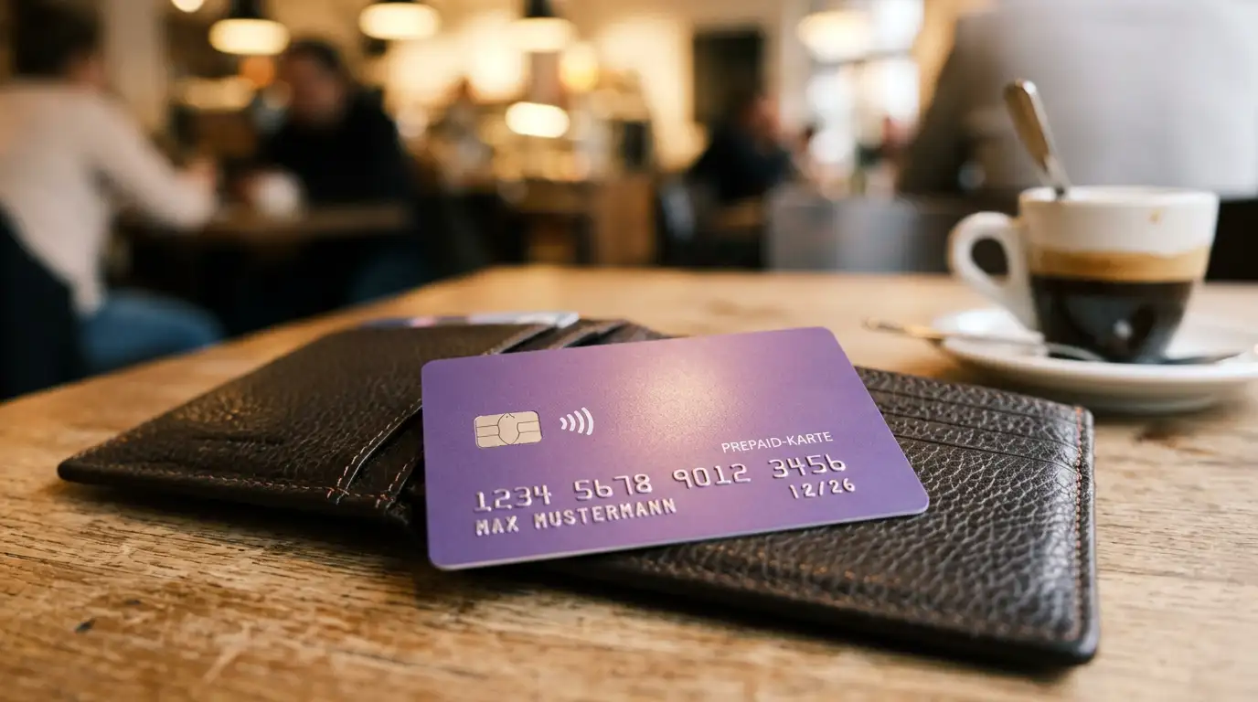 Skrill Prepaid MasterCard auf einem Tisch neben einem Portemonnaie