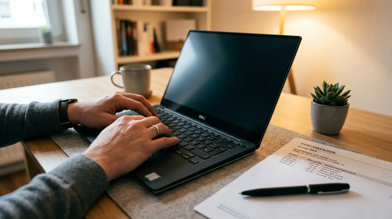 Laptop mit geöffnetem Online-Banking neben einem Notizbuch auf einem Holzschreibtisch