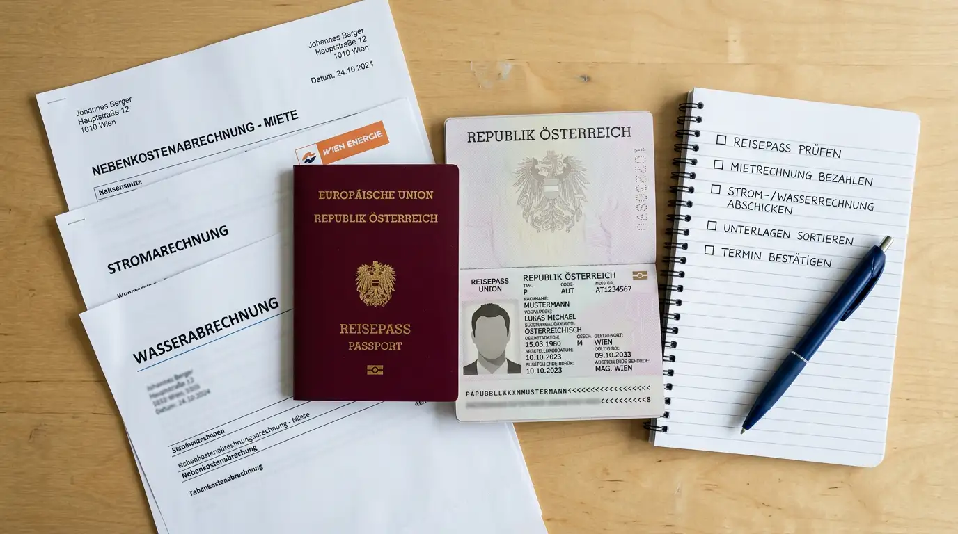 Österreichischer Reisepass und ein Smartphone auf einem Schreibtisch, bereit für die Online-Verifizierung