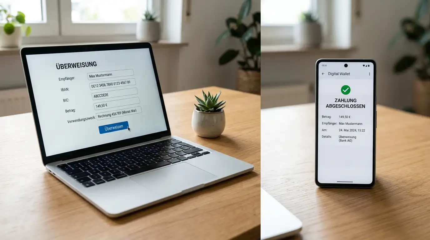 Laptop mit Online-Banking neben einem Smartphone mit E-Wallet auf einem Schreibtisch