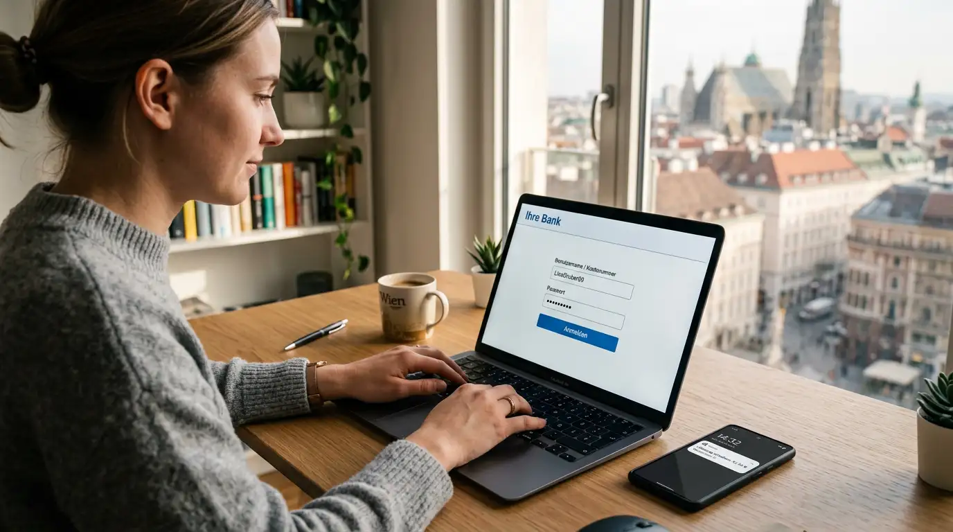Österreichischer Sportwetter am Laptop mit Banküberweisung und E-Wallet auf dem Bildschirm