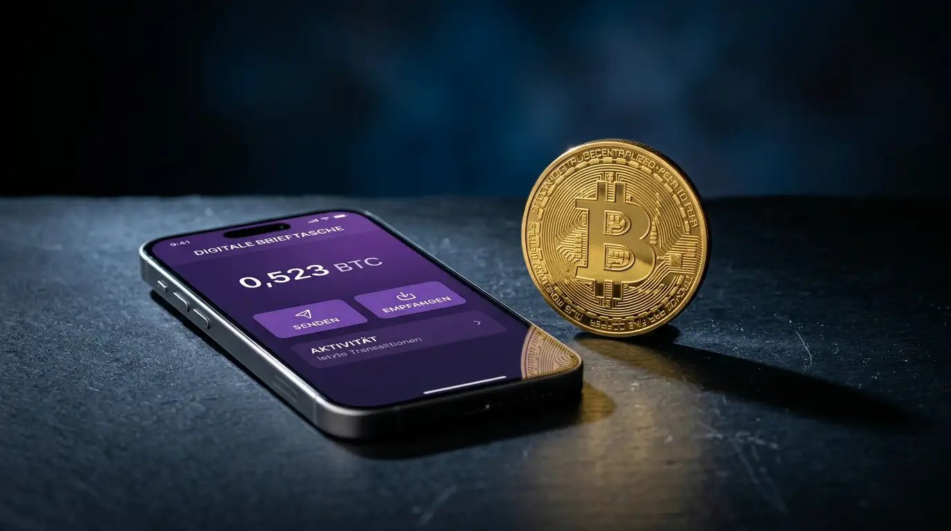 Goldene Bitcoin-Münze neben einem Smartphone mit E-Wallet-App auf dunklem Untergrund