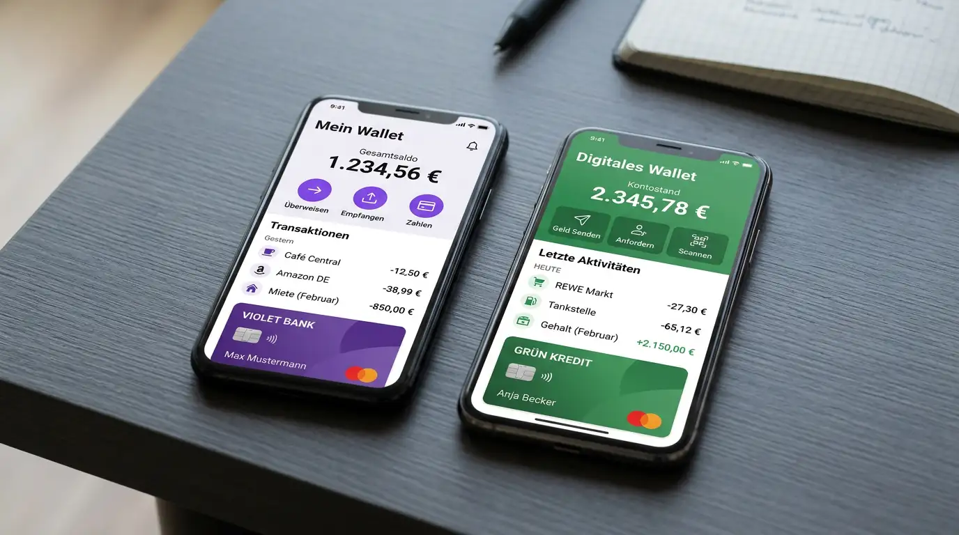 Zwei Smartphones nebeneinander mit Skrill und Neteller Wallets auf dem Bildschirm