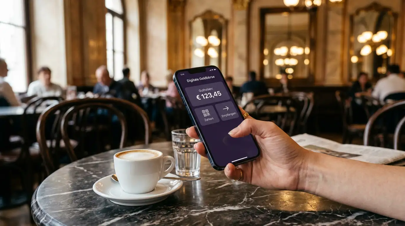 Smartphone mit E-Wallet-App auf einem Schreibtisch in einem österreichischen Café