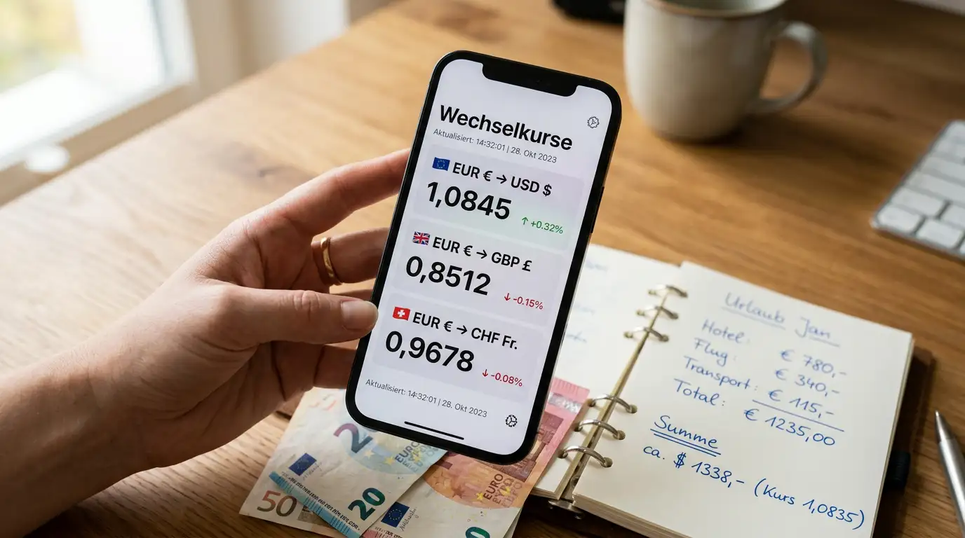 Europäische Geldscheine neben einem Smartphone mit Währungsumrechnung