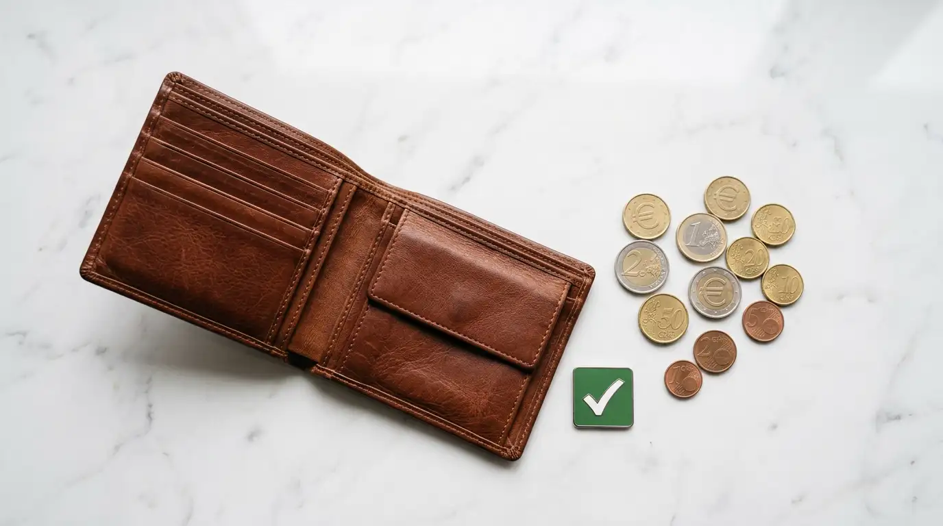 Offenes Portemonnaie mit symbolischen Euro-Zeichen und einem Haekchen