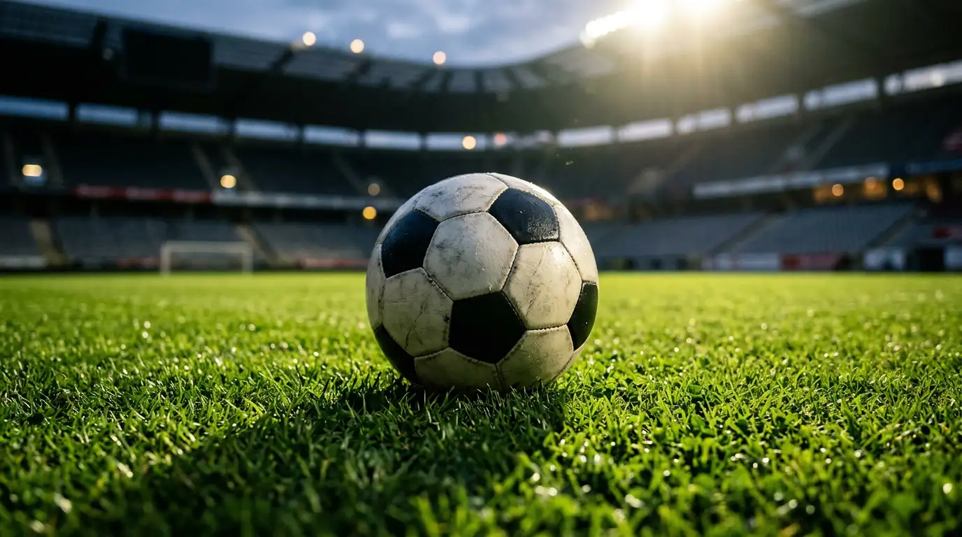 Fußball auf gruenem Rasen vor einer Stadionkulisse bei Flutlicht